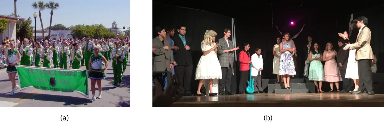 Photo of (a) a parade and (b) a group of adolescents on a stage.