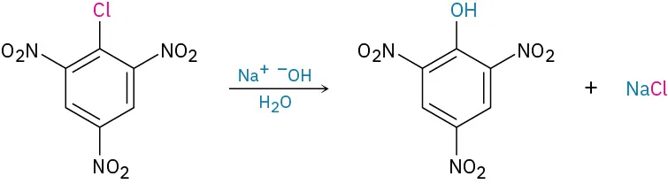 Benzene with three nitro groups and a chlorine atom reacts with sodium hydroxide to form benzene with three nitro groups and a hydroxyl group.
