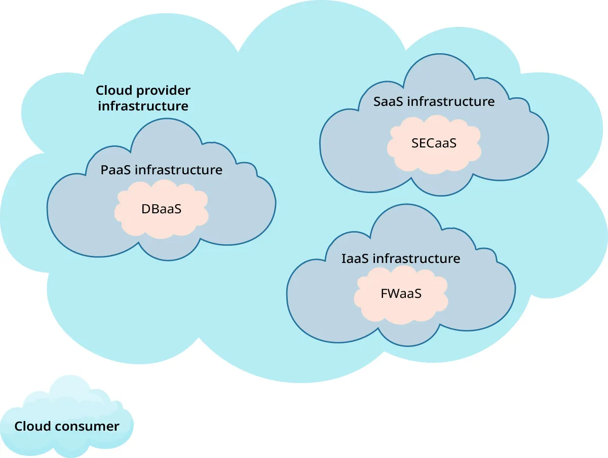 A diagram of the three main parts of the cloud provider infrastructure offered to cloud consumers: SaaS (SECaas), PaaS (DBaaS), and IaaS (FWaaS).