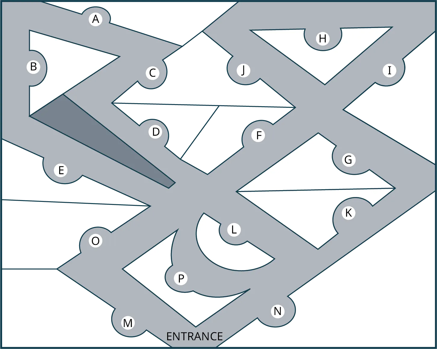 A map of zoo exhibits. The vertices are labeled A to P. The entrance is at the bottom.