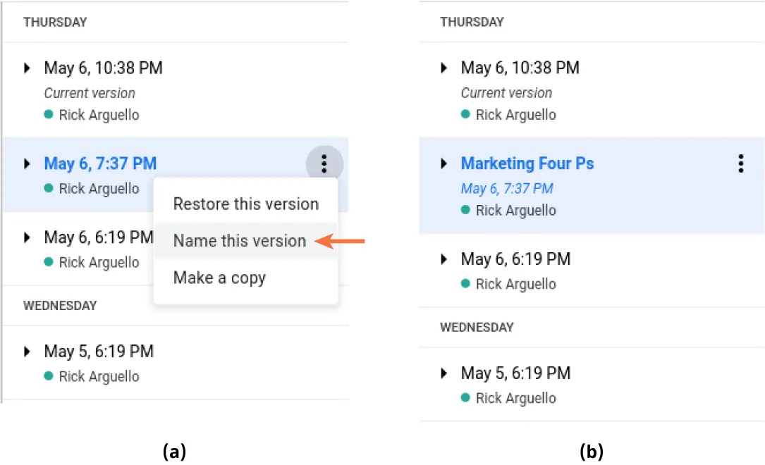 (a) Versions of a document are displayed. One is highlighted and an option for Name this version is selected. (b) The selected version has been renamed to: Marketing Four Ps.