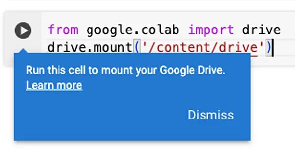Code snippet in Google Colab displaying a Python command to mount Google Drive. The command imports the 'drive' module and uses the 'mount' function with the path '/content/drive'.