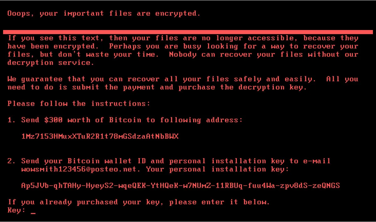 Screenshot of ransomware message with directions for payment to unlock encrypted files.