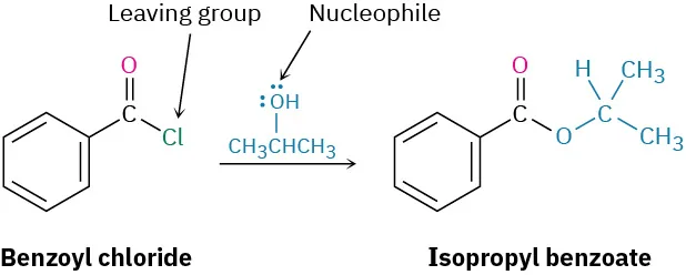Benzoyl chloride reacts with 2-propanol to produce isopropyl benzoate. The chlorine atom on the benzoyl chloride is labeled as leaving group, and electrons on the hydroxyl group of 2-propanol as nucleophile.