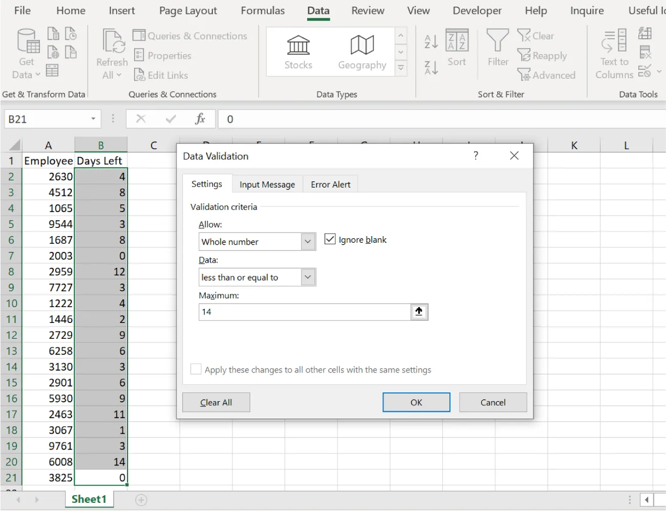 Data Validation pane has Setting tab open and options selected in Validation criteria include Allow: Whole Number; Ignore blank checked; Date: less than or equal to; Maximum: 14. Spreadsheet column B selected.