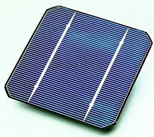 There is an image of a blue solar cell. The solar cell is square, with diagonal notches removed from each corner.