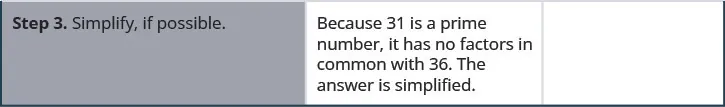 The final step reads “Step 3. Simplify, if possible.” The explanation reads “Because 31 is a prime number, it has no factors in common with 36. The answer is simplified.”