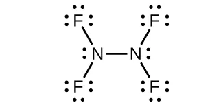 This Lewis structure shows two nitrogen atoms, each with one lone pair of electrons, single bonded to one another and each single bonded to two fluorine atoms. Each fluorine atom has three lone pairs of electrons.