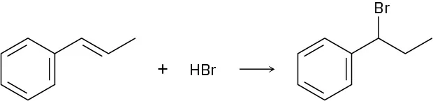 Benzene bonded to a three-carbon chain with double bond between C 1 and C 2 reacts with hydrogen bromide to form a product when bromine is added to C1 of the three-carbon chain