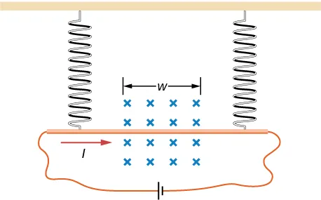 Ilustracja problemu. Miedziany pręt położony jest poziomo i wisi na sprężynach umocowanych na każdym z końców. Prąd l płynie ku prawemu końcu pręta. Pole B skierowane jest do wnętrza strony w regionie o szerokości w.