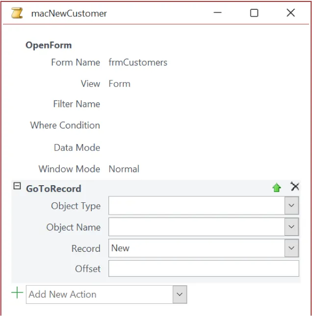 OpenForm category fields listed: Form Name, View, Filter Name, Where Condition, Data Mode, and Window Mode. GoToRecord category fields listed: Object Type, Object Name, Record, and Offset. Add New Action available below.