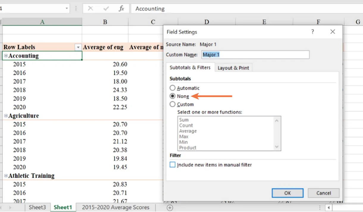 Field Settings pane displays Custom Name (Major 1) and Subtotals (None selected) PivotTable visible in background.