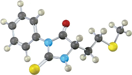 The ball-and-stick model of a P T H derivative containing a methyl thiol ether formed from the Edman degradation of the  N-terminal residue of a peptide. 