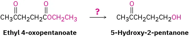 Ethyl 4-oxopentanoate reacts with an unknown reagent represented as a question mark to produce 5-hydroxy-2-pentanone.