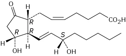 The wedge-dash structure of Prostaglandin E 2. C 8, C 12, and C 11 have an R configuration whereas C 15 has an S configuration.