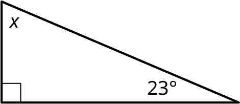 A right triangle with its interior angles marked x, 90 degrees, and 23 degrees.