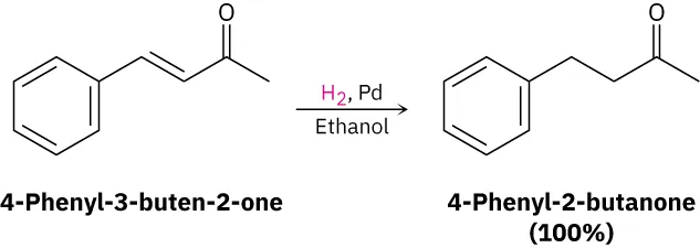 A reaction shows 4-phenyl-3-buten-2-one reacting with hydrogen in the presence of palladium to form 4-phenyl-2-butanone as the only product.