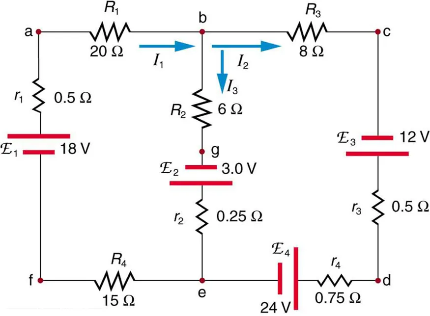 The diagram shows a complex circuit with four voltage sources: E sub one, E sub two, E sub three, E sub four and several resistive loads, wired in two loops and two junctions. Several points on the diagram are marked with letters a through g. The current in each branch is labeled separately.