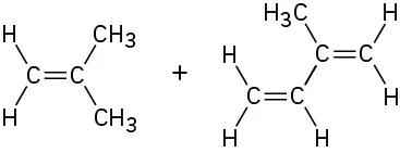 Structures of isobutylene (2-methyl-1-propene) and isoprene (2-methyl-1,3-butadiene) separated by a plus sign.