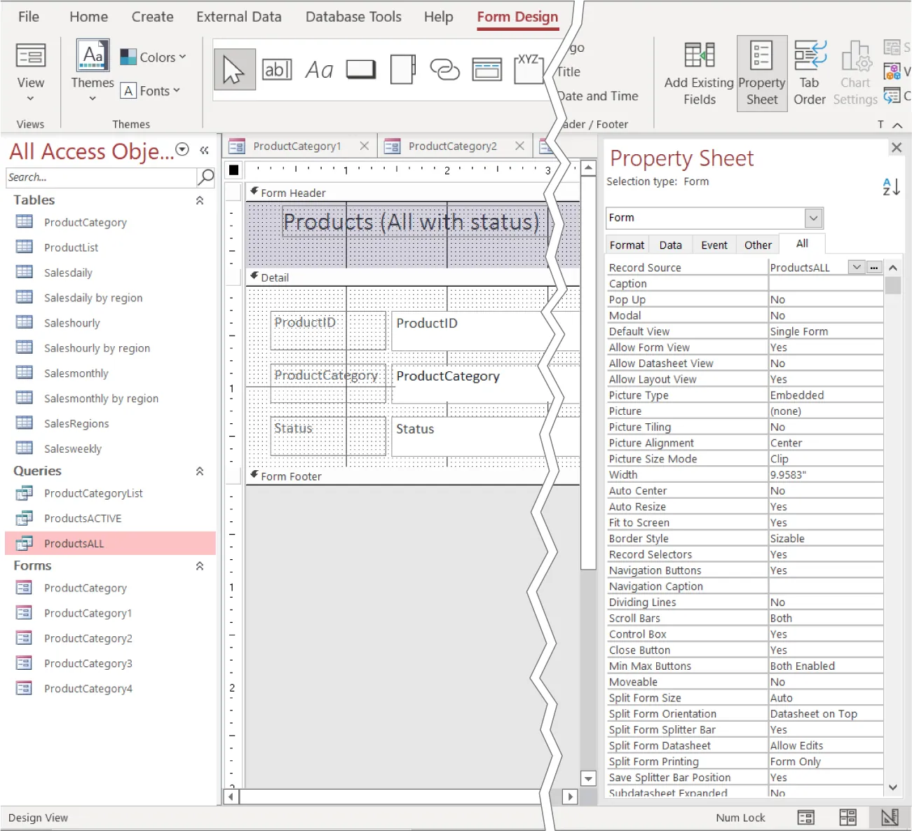 Property Sheet selected (Form Design tab). Property Sheet sidebar displays All tab (selected). Two columns follow listing Form items at left and selections at right.