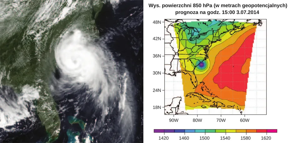 Lewy panel ilustracji prezentuje  mapę rozkładu ciśnienia huraganu Artur przemieszczającego się w kierunku Wschodniego Wybrzeża. Centrum niskiego ciśnienia zaznaczono niebieską kropką. W prawym panelu znajduje się zdjęcie satelitarne huraganu Artur przemieszczającego się w kierunku Wschodniego Wybrzeża Stanów zjednoczonych.