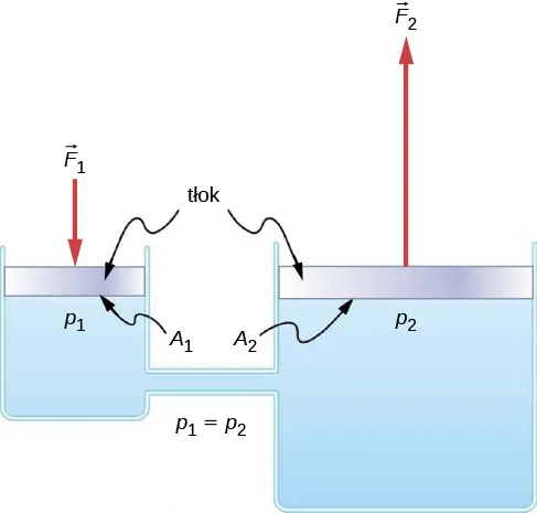 Schematyczny rysunek układu hydraulicznego z dwoma wypełnionymi płynem cylindrami, zamkniętymi tłokami i połączonymi rurą. Skierowana w dół siła F1 przyłożona do lewego tłoka o polu powierzchni A1 wywołuje zmianę ciśnienia, która powoduje siłę F2 skierowaną ku górze i przyłożonego do tłoka o polu powierzchni A2. Pole A2 jest większe niż pole A1.