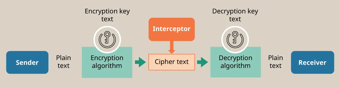 Illustration of cryptography components: sender, plain text, encryption algorithm (encryption key text), cipher text (interceptor), decryption algorithm (decryption key text), plain text, receiver.