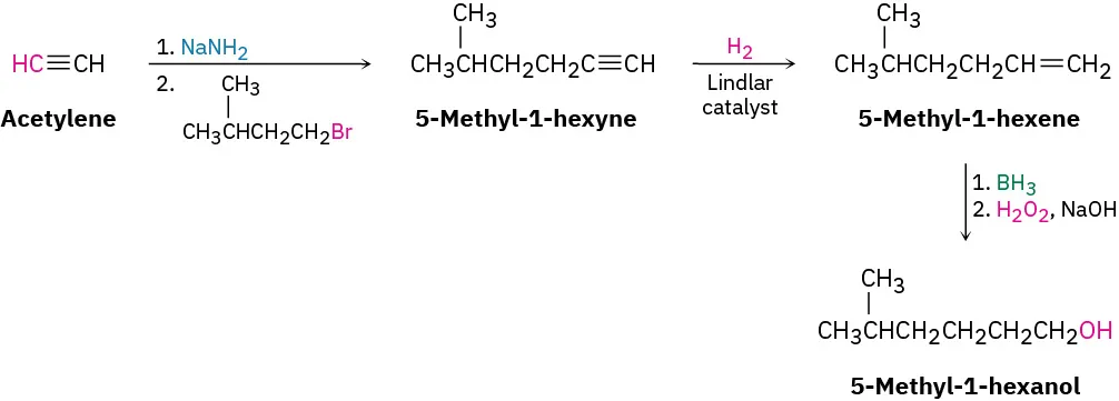 Acetylene reacts with sodium amide and alkyl bromide to form 5-methyl-1-hexene which reacts with hydrogen to form 5-methyl-1-hexene. This reacts with borane, hydrogen peroxide, and NaOH to form 5-methyl-1-hexanol.