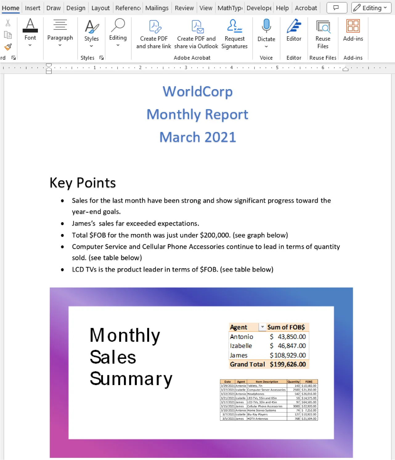 A slide is displayed at the bottom of a Word document.
