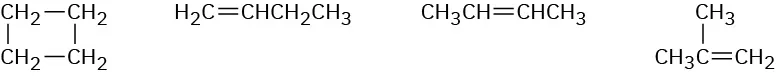 Condensed structures of cyclobutane, 1-butene, 2-butene, and 2-methyl-1-propene.