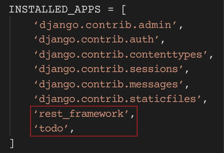 A list of installed apps includes ‘rest_framework’ and ‘todo’.