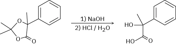 The reaction shows a ketone converted to an acid with sodium hydroxide (first reaction), followed by hydrochloric acid in water (second reaction).