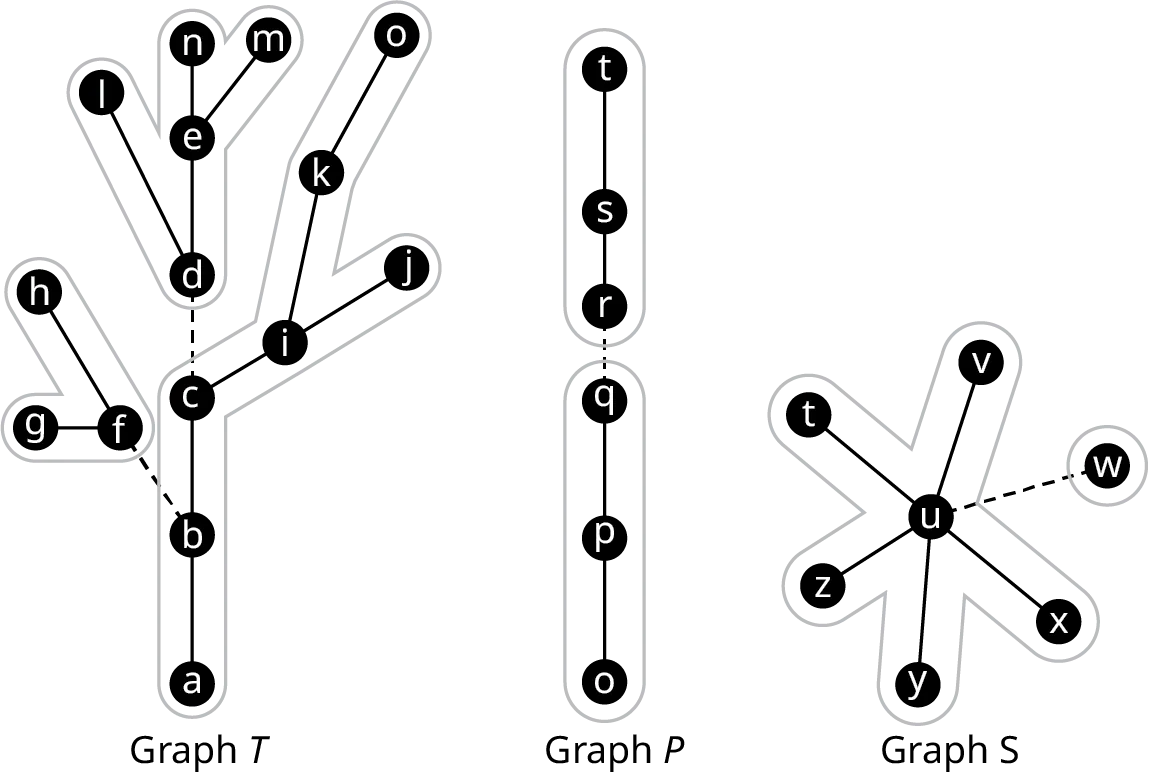 Three graphs. Graph T has 15 vertices. The edges are as follows: a b, b c, c d, c i, i j, j k, k o, d e, d l, e n, e m, b f, f g, and g h. The edges, d c, and b f are in dashed lines. The graph is separated into three blocks. Graph P has 6 vertices. The edges are as follows: t s, s r, r q, q p, and p o. The edge, q r is in dashed lines. The graph is separated into two blocks. Graph S has 7 vertices. The edges are as follows: u t, u v, u w, u x, u y, and u z. The edge, u w is in dashed lines. The graph is separated into two blocks.
