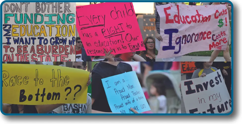 An image of six handwritten signs. The signs read “Don’t bother funding my education… I want to grow up to be a burden on the state”, “Every child has a right to an education! Our responsibility is to fund it!”, “Education costs $! Ignorance costs more”, “Race to the bottom??”, “I am a… proud mom, proud teacher, proud wife of a teacher. No more cuts!”, and “Invest in my future”.