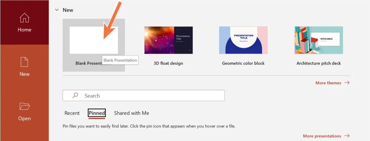 A screenshot of the PowerPoint Home page highlighting the Blank Presentation selection from a variety of options.