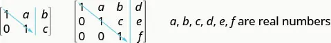 A 2 by 3 matrix is shown on the left. Its first row is 1, a, b. Its second row is 0, 1, c. An arrow points diagonally down and right, overlapping both the 1s in the matrix. A 3 by 4 matrix is shown on the right. Its first row is 1, a, b, d. Its second row is 0, 1, c, e. Its third row is 0, 0, 1, f. An arrow points diagonally down and right, overlapping all the 1s in the matrix. a, b, c, d, e, f are real numbers.