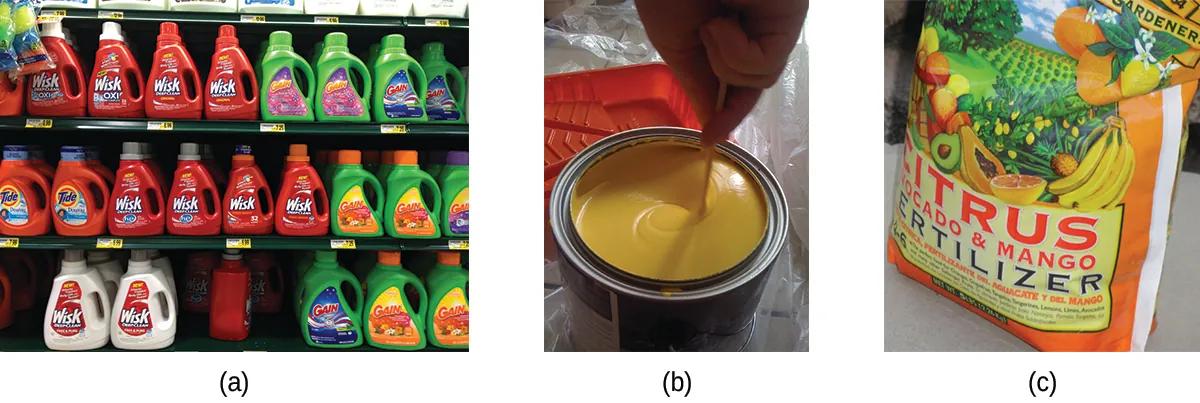 This figure includes three photographs. In a, a photo shows store shelving filled with a variety of brands of laundry detergent. In b, a photo shows a can of yellow paint being stirred. In c, a bag of fertilizer is shown.