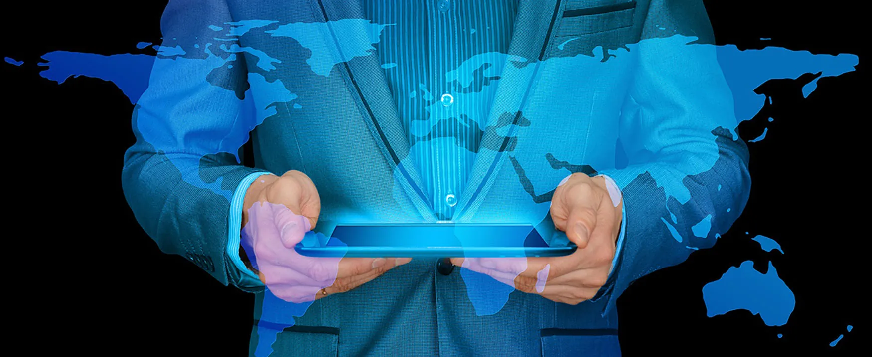 The image depicts a person holding a tablet computer, with an overlay of the world map superimposed in a three-dimensional effect.