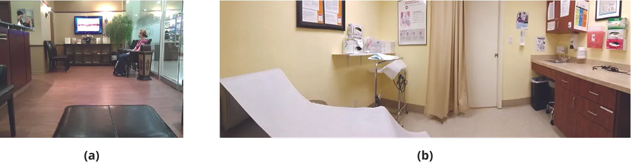 (a) Photo of a waiting room in a doctor’s office. (b) Photo of the inside of an examination room with medical equipment and supplies.
