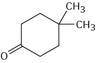 The structure has a cyclohexane ring. C 1 is a carbonyl group. C 4 is bonded to two methyl groups.