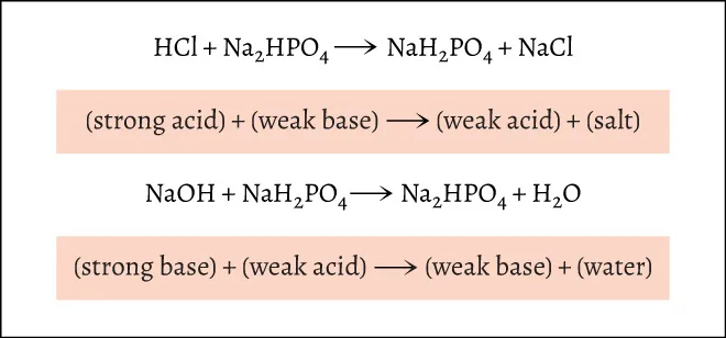 A graphic with text includes the following four lines: HCl + Na2HCO4 → NaH2PO4 + NaCl; (strong acid) + (weak base) → (weak acid) + (salt); NaOH + NaH2PO4 → Na2HPO4 + H2O; (strong base) + (weak acid) → (weak base) + (water)