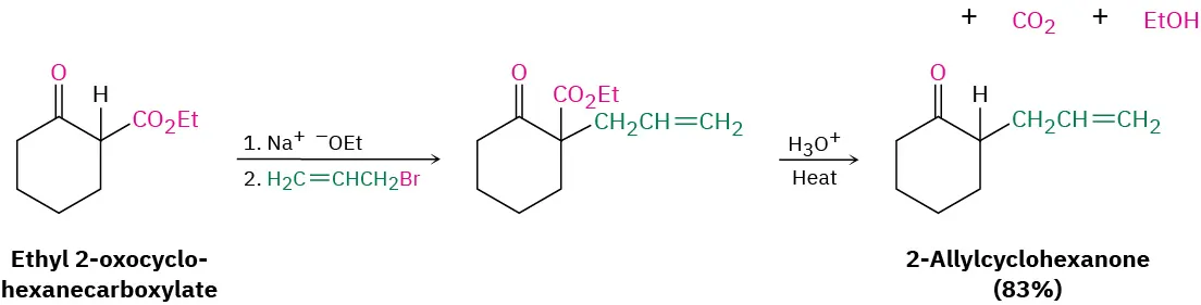 Ethyl 2-oxocyclohexanecarboxylate reacts with allyl bromide in the presence of sodium ethoxide, forming 2-allylcyclohexanone. Further heating with hydronium ion, yields 2-allylcyclohexanone (eighty-three percent), C O 2, and ethanol.