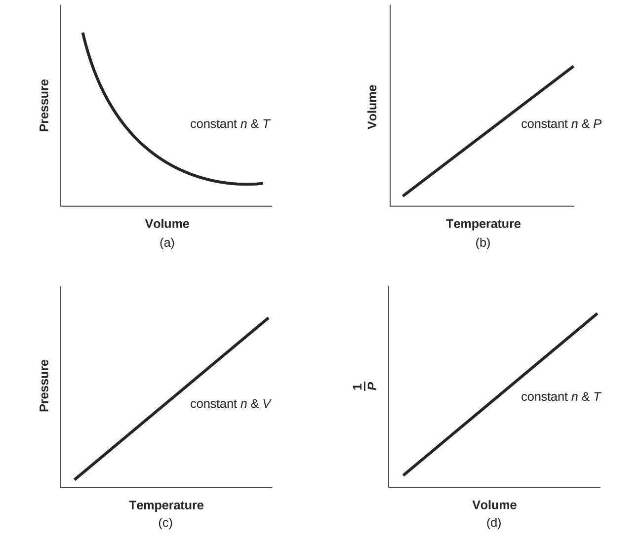Four graphs are shown. In a, Volume is on the horizontal axis and Pressure is on the vertical axis. A downward trend with a decreasing rate of change is shown by a curved line. The label n, P cons is shown on the graph. In b, Temperature is on the horizontal axis and Volume is on the vertical axis. An increasing linear trend is shown by a straight line segment. The label n, P cons is shown on the graph. In c, Temperature is on the horizontal axis and Pressure is on the vertical axis. An increasing linear trend is shown by a straight line segment. The label n, P cons is shown on the graph. In d, Volume is on the horizontal axis and 1 divided by Pressure is on the vertical axis. An increasing linear trend is shown by a straight line segment on the graph. The label n, P cons is shown on the graph.