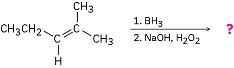 2-methyl-pent-2-ene reacts with borane, then sodium hydroxide and hydrogen peroxide to form an unknown product represented by a question mark.