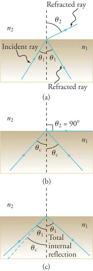 Views (a) through (c) depict how light behaves when light strikes a boundary and is reflected and refracted.