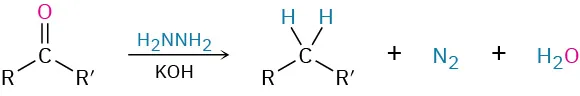 An R, R prime carbonyl reacts with H 2 N N H 2 to form alkane with R and R prime groups and two hydrogens on former carbonyl carbon.