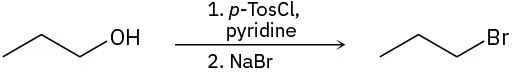 1-propanol reacts first with tosyl chloride and pyridine, then sodium bromide, to form 1-bromopropane.