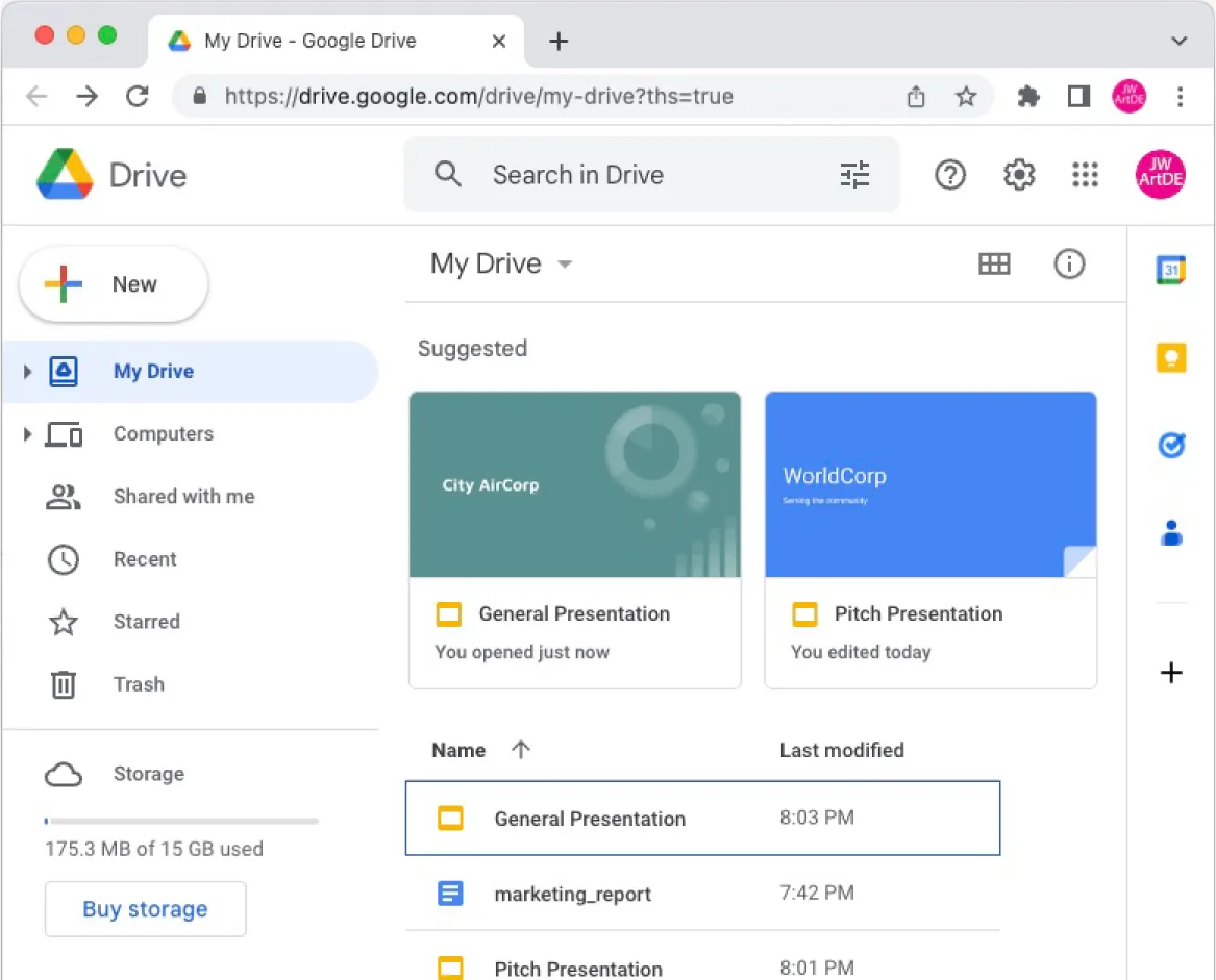 Google Drive tab displays My Drive, Computers, Shared with me, Recent, Starred, Trash, and Storage. Recent presentations and other recent work is displayed with images as well as Name and Last modified.