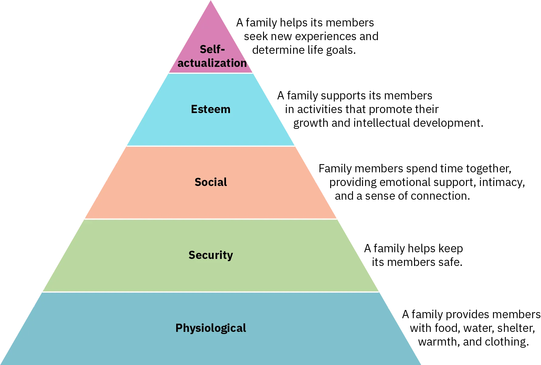 A triangular diagram applies Maslow's hierarchy of needs to families. The base of the triangle is physiological needs: a family provides members with food, water, shelter, warmth, and clothing. The second level is security: a family helps keep its members safe. The third level is social: family members spend time together, providing emotional support, intimacy, and a sense of connection. The fourth level is esteem: a family supports its members in activities that promote their growth and intellectual development. The fifth and top level is self-actualization: a family helps its members seek new experiences and determine life goals.