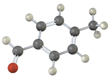 The ball-and-stick model has a benzene ring. C 1 is bonded to an aldehyde group. C 4 is bonded to a methyl group.